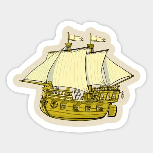 old golden sailing ship with a mermaid at the stern of the ship Sticker